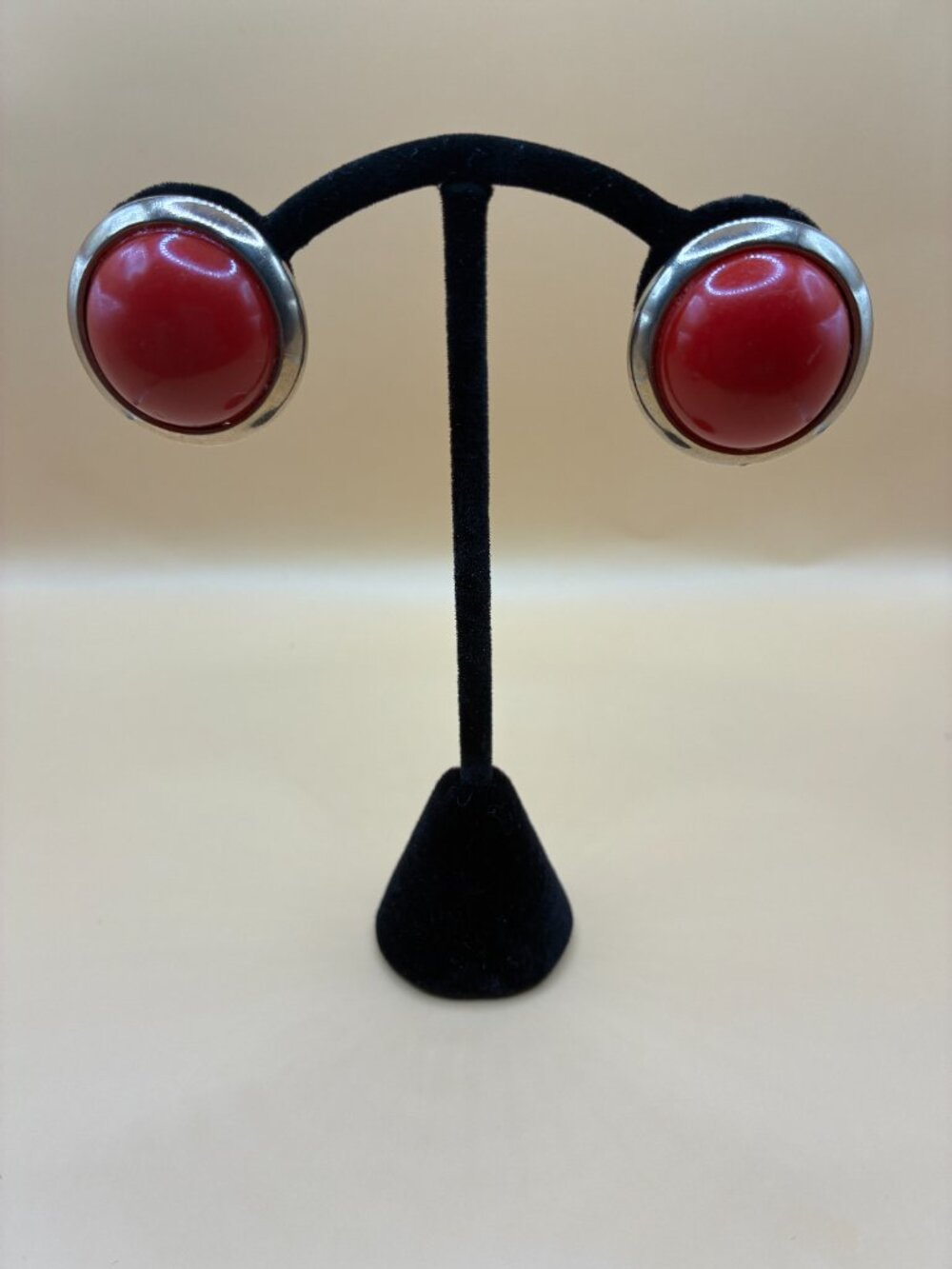 Vintage 80s Bold Red Resin Dome SilverTone Button Clip On Statement Earrings